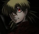  1girl blonde_hair hair_over_one_eye hellsing highres military military_uniform red_eyes screencap seras_victoria short_hair solo uniform vampire 