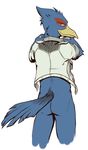  avian bird bottomless butt clothed clothing falco_lombardi half-dressed jacket looking_at_viewer male nintendo plain_background skunkjunkie smile smirk solo standing star_fox video_games white_background 