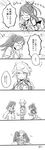  amagi_(kantai_collection) angry braid comic commentary fighting furisode greyscale highres hug japanese_clothes jitome kantai_collection katsuragi_(kantai_collection) kimono kuyuu_(somari) long_hair long_image midriff miniskirt monochrome multiple_girls ponytail shouting single_braid skirt tall_image translated unryuu_(kantai_collection) very_long_hair wavy_hair 