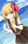  blonde_hair blue_sky bow cloud crepe day food hair_bow looking_at_viewer ocean red_eyes rumia shirt short_sleeves skirt skirt_set sky solo touhou vest yuuhagi_(amaretto-no-natsu) 