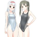  arena_(company) breasts brown_eyes competition_swimsuit grey_hair hairband highres kantai_collection long_hair multiple_girls one-piece_swimsuit shoukaku_(kantai_collection) silver_hair small_breasts standing swimsuit takafumi twintails zuikaku_(kantai_collection) 