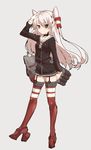  :/ amatsukaze_(kantai_collection) blush_stickers boots brown_eyes choker full_body garter_straps gloves grey_background hair_tubes hand_on_own_thigh high_heels kantai_collection keita_(tundereyuina) long_hair long_sleeves red_footwear rensouhou-kun sailor_collar shirt shoes silver_hair simple_background single_glove thigh_boots thighhighs two_side_up v-shaped_eyebrows very_long_hair white_gloves 