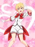  battle_lover_scarlet binan_koukou_chikyuu_bouei-bu_love! blonde_hair blush gloves hakone_yumoto heart highres magical_boy male_focus nagiichi open_mouth pink_background red_eyes shorts smile solo sparkle 