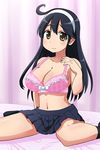  ahoge bare_shoulders black_hair blush bow bow_bra bra breasts highres kantai_collection large_breasts long_hair looking_at_viewer masara navel pink_bra sitting skirt solo underwear ushio_(kantai_collection) yellow_eyes 