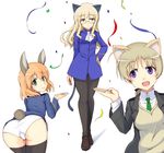  amelie_planchard animal_ears ass black_legwear blonde_hair braid bunny_ears bunny_tail cat_ears cat_tail confetti extra_ears glasses green_eyes hand_on_hip highres isosceles_triangle_(xyzxyzxyz) lynette_bishop military military_uniform multiple_girls open_mouth orange_hair panties pantyhose perrine_h_clostermann purple_eyes smile strike_witches tail thighhighs underwear uniform white_panties world_witches_series yellow_eyes 