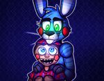  animatronic balloon_boy_(fnaf) blue_eyes bow_tie five_nights_at_freddy&#039;s five_nights_at_freddy&#039;s_2 glowing glowing_eyes green_eyes lagomorph machine male mammal mechanical rabbit robot toy-bonnie toy_bonnie_(fnaf) video_games 