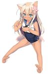  animal_ears bare_legs barefoot blonde_hair blue_eyes blush cat_ears covered_navel fang flat_chest flower full_body hair_flower hair_ornament highres kantai_collection kantoku_(style) kawai long_hair looking_at_viewer one-piece_swimsuit open_mouth paw_pose ro-500_(kantai_collection) sailor_collar school_swimsuit sitting solo swimsuit swimsuit_under_clothes tan tanline 