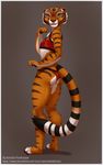  anthro character_from_animated_feature_film clothed clothing dreamworks embarrassed feline female flat_chested fur gorsh_dolderan kung_fu_panda looking_at_viewer mammal master_tigress orange_eyes orange_fur plain_background solo standing tiger 