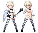  alternate_costume apron arm_strap ascot bad_id bad_twitter_id bare_shoulders blonde_hair blue_eyes blush brave_witches breasts cleavage cleavage_cutout large_breasts mace navel nikka_edvardine_katajainen nipples null_(nyanpyoun) open_mouth shield short_hair simple_background skirt solo striped striped_legwear thighhighs waist_apron weapon white_background world_witches_series zettai_ryouiki 