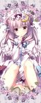 alternate_headwear between_legs book capelet coat crescent crescent_hair_ornament double_bun dress flower hair_ornament hand_between_legs hand_to_own_mouth kino_(kino_konomi) long_hair long_sleeves looking_at_viewer open_clothes open_coat patchouli_knowledge purple_eyes purple_hair sitting solo striped striped_dress touhou very_long_hair 
