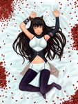  absurdres arms_up bad_id bad_pixiv_id black_hair black_legwear blake_belladonna bow hair_bow highres lasterk legwear_under_shorts long_hair looking_at_viewer lying navel on_back pantyhose petals rwby shorts smile solo yellow_eyes 