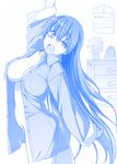  2015 arm_up blue breasts calendar_(object) clock commentary_request cowboy_shot dated drawer getsuyoubi_no_tawawa himura_kiseki large_breasts long_hair long_sleeves monochrome naked_shirt navel no_bra no_panties open_clothes open_mouth plant shirt solo stretch tears uneven_eyes very_long_hair waking_up yawning 
