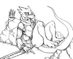  2015 ambiguous_gender anthro armor black_and_white blush guoh kobold looking_at_viewer monochrome scalie solo sword weapon 