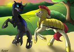  armor arthropod bite changeling earth_pony equine female fight friendship_is_magic horse insect insectoid male mammal my_little_pony pony royal_guard sunset sword weapon 