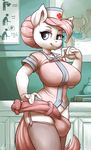  2015 animal_genitalia anthro anthrofied atryl balls clothing dickgirl earth_pony equine friendship_is_magic hair hat holding horse horsecock inside intersex legwear mammal my_little_pony nurse_hat nurse_redheart_(mlp) penis pink_hair pony smile solo stockings thermometer 