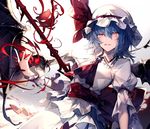  ascot blue_hair fang gradient gradient_background hat hat_ribbon looking_at_viewer lowres mob_cap nekonabe_ao open_mouth puffy_sleeves red_eyes remilia_scarlet ribbon sash shirt short_hair short_sleeves skirt skirt_set slit_pupils smile solo spear_the_gungnir touhou wide_sleeves wrist_cuffs 
