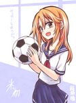  ball brown_eyes hikawa_shou idolmaster idolmaster_cinderella_girls image_sample long_hair looking_at_viewer orange_hair pixiv_sample school_uniform serafuku smile soccer_ball translation_request yuuki_haru 