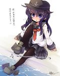  akatsuki_(kantai_collection) anchor_symbol black_hair black_legwear black_skirt commentary_request flat_cap flying_sweatdrops hat kantai_collection long_hair long_sleeves neckerchief pantyhose pleated_skirt red_neckwear sasamashin school_uniform serafuku skirt solo sweat translated 