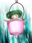  bucket chamupei condom green_eyes green_hair highres in_bucket in_container kisume looking_at_viewer open_mouth shocked_eyes solo touhou twintails wooden_beam 