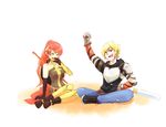  blonde_hair boots gloves jaune_arc long_hair meteoride ponytail pyrrha_nikos red_hair rwby short_hair weapon weapons 