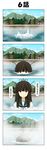  4koma antennae black_hair blue_sky building cloud comic day hair_ornament harbor hatsuyuki_(kantai_collection) highres kantai_collection long_hair looking_at_viewer mountain rappa_(rappaya) sky solo translated tree water 