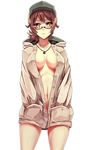  breasts brown_eyes brown_hair cross expressionless glasses hands_in_pockets hat highres iron_cross jewelry medium_breasts naked_coat navel necklace original packge pendant shiny shiny_skin solo standing 