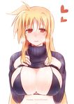  akitsuchi_shien bikini_top blonde_hair blush breasts clothes_lift eyebrows_visible_through_hair fate_testarossa heart heart-shaped_pupils large_breasts long_hair lyrical_nanoha mahou_shoujo_lyrical_nanoha_vivid red_eyes ribbed_sweater simple_background solo suggestive_fluid sweater sweater_lift symbol-shaped_pupils turtleneck upper_body white_background 