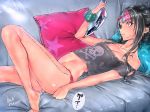  1girl barefoot black_hair blush breasts collarbone couch danganronpa ear_piercing feet highres holding_magazine jewelry long_hair lying mioda_69ch mioda_ibuki multicolored_hair navel on_back panties piercing pillow pink_eyes pink_hair scrunchie shirt small_breasts super_danganronpa_2 underwear very_long_hair white_hair wrist_scrunchie 