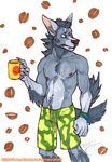  2015 airu armband canine claws clothed clothing coffee cup facial_piercing half-dressed lip_piercing male mammal navel nipples nose_piercing nose_ring piercing shorts solo standing teal_eyes toned topless traditional_media_(artwork) were werewolf 