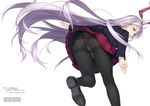  animal_ears ass bent_over black_legwear blazer bunny_ears extra_ears from_behind jacket leg_up long_hair looking_at_viewer panties panties_under_pantyhose pantyhose purple_eyes purple_hair reisen_udongein_inaba rokuwata_tomoe simple_background skirt solo thighband_pantyhose touhou underwear very_long_hair white_background white_panties 
