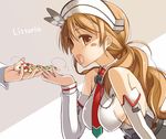  bare_shoulders blush breasts brown_eyes brown_hair character_name detached_sleeves food holding_pizza italy kantai_collection large_breasts littorio_(kantai_collection) long_hair looking_at_viewer necktie oota_yuuichi open_mouth pizza sideboob slice_of_pizza solo_focus 