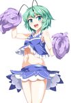  :d antennae bare_arms bare_shoulders blue_eyes blush breasts cheerleader cowboy_shot e.o. green_hair highres looking_at_viewer midriff miniskirt navel open_mouth pom_poms short_hair skirt small_breasts smile solo touhou wriggle_nightbug 