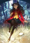  black_hair black_legwear blue_eyes coat fate/stay_night fate_(series) hair_ribbon highres huazha01 loafers long_hair pantyhose ribbon shoes skirt solo toosaka_rin two_side_up 