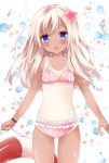  :o bikini blonde_hair blue_eyes blush bracelet cowboy_shot flower flying_sweatdrops frilled_bikini frills hair_flower hair_ornament jewelry kantai_collection lifebuoy long_hair looking_at_viewer navel nogi_takayoshi one-piece_tan pink_bikini polka_dot polka_dot_bikini polka_dot_swimsuit ro-500_(kantai_collection) solo swimsuit tan tanline 