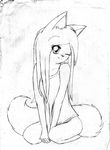  adjusting_clothes anthro big_ears big_tail blush bottomless canine clothed clothing collarbone female fox fuchsling_(artist) hair half-dressed half_naked long_hair mammal monochrome plain_background shirt shirt_pull sitting smile tank_top white_background 