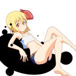  alternate_costume ass bare_arms bare_legs bare_shoulders barefoot belt blonde_hair casual cato_(monocatienus) contemporary crop_top darkness flat_chest hair_ribbon legs looking_at_viewer midriff navel red_eyes ribbon rumia short_shorts shorts sitting solo touhou 