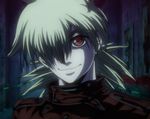  1girl blonde_hair hair_over_one_eye hellsing highres military military_uniform red_eyes screencap seras_victoria short_hair smile solo uniform vampire 