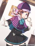  ange_vierge blush brown_hair candy capelet deerstalker food gloves hat lollipop long_hair looking_at_viewer midorikawa_you mouth_hold original pointing purple_eyes skirt solo thighhighs 