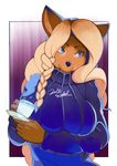  abstract_background absurd_res anthro beverage blonde_hair blue_eyes breasts brown_fur canine clothing dog female fur hair hi_res long_hair mammal sindoll sweater tea teacup 