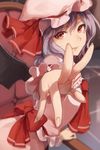  ascot bad_id bad_twitter_id bat_wings blurry hat hat_ribbon lavender_hair long_sleeves looking_at_viewer mob_cap open_mouth outstretched_arm red_eyes remilia_scarlet ribbon shirt short_hair skirt skirt_set smile solo throne touhou veryberry00 wings 