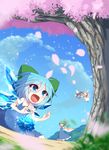  black_hair blonde_hair blue_dress blue_eyes blue_sky bow cherry_blossoms cirno cloud daiyousei day dress fairy fairy_wings fang flying_sweatdrops green_hair hair_bow hair_ribbon hat ice ice_sculpture ice_wings kuresento luna_child multiple_girls open_mouth petals puffy_short_sleeves puffy_sleeves ribbon shirt short_sleeves side_ponytail sky smile star_sapphire sunny_milk touhou tree white_dress wings 