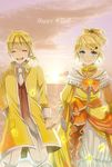  1girl aku_no_musume_(vocaloid) allen_avadonia beach blonde_hair blue_eyes bow brother_and_sister commentary_request cravat dress evillious_nendaiki frilled_dress frills good_end hair_ornament hairclip happy_tears highres holding_hands kagamine_len kagamine_rin milky-misa ocean ponytail riliane_lucifen_d'autriche siblings smile tears twilight twins vocaloid 