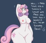  2015 aged_up anthro anthrofied arm_behind_head breasts english_text equine female friendship_is_magic green_eyes hair horn mammal my_little_pony navel nipples nude plain_background pussy smile solo somescrub sweetie_belle_(mlp) text two_tone_hair unicorn wide_hips 