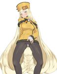  absurdly_long_hair black_legwear blonde_hair blush censored fingerless_gloves fur_hat gloves green_eyes guilty_gear guilty_gear_xrd hat long_hair millia_rage orange_hat pantyhose prehensile_hair sexually_suggestive smile solo sweatdrop un_(1996rip) very_long_hair 