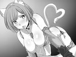  1girl animal_ears blush bra breasts cat_ears cat_tail chikuishi detached_sleeves greyscale heart heart_tail hetero idolmaster idolmaster_cinderella_girls large_breasts maekawa_miku monochrome nipples paizuri panties penis perpendicular_paizuri short_hair side-tie_panties tail thighhighs underwear underwear_only 