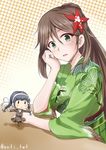  601_air_group_pilot_(kantai_collection) :o amagi_(kantai_collection) anti_(untea9) braid brown_eyes brown_hair desk elbow_rest fairy_(kantai_collection) flower furisode hair_between_eyes hair_flower hair_ornament highres japanese_clothes kantai_collection kimono long_hair looking_at_viewer mole mole_under_eye multiple_girls open_mouth ponytail school_uniform sitting twin_braids twitter_username 