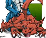  all_fours anal anal_penetration border digimon doggystyle duo eyes_closed faceless_male flamedramon from_behind guilmon iudicium86 lying male male/male muscles on_front open_mouth penetration raised_tail scalie sex signature tongue tongue_out 