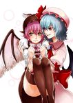  alternate_eye_color animal_ears arm_garter bad_id bad_pixiv_id blue_hair bow brown_legwear carrying grin hat hat_ribbon long_sleeves looking_away mob_cap multiple_girls mystia_lorelei pink_hair princess_carry puffy_short_sleeves puffy_sleeves purple_eyes red_bow red_ribbon remilia_scarlet ribbon short_hair short_sleeves shy smile thighhighs touhou wavy_mouth wings wrist_cuffs yamaguchi_(mcmcme) yellow_eyes 