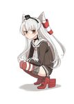  amatsukaze_(kantai_collection) brown_eyes choker dress full_body garter_straps gloves hair_tubes headgear high_heels highres kantai_collection long_hair long_sleeves looking_at_viewer minatasiro neckerchief pout red_footwear red_legwear rudder_shoes sailor_collar sailor_dress shoes silver_hair simple_background single_glove solo squatting striped striped_legwear thighhighs two_side_up white_background white_gloves 