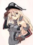  bare_shoulders bismarck_(kantai_collection) blonde_hair blue_eyes blush brown_gloves detached_sleeves gloves hand_on_hip hat iwasaki_takashi kantai_collection long_hair long_sleeves military military_uniform peaked_cap smile solo uniform upper_body 